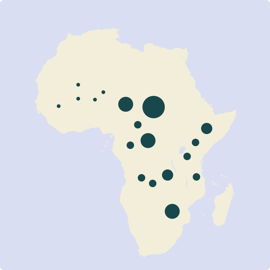 Carte de l’Afrique, avec l‘ancienne aire de répartition des éléphants de savane, ,[object Object],, indiquée par les cercles remplis.